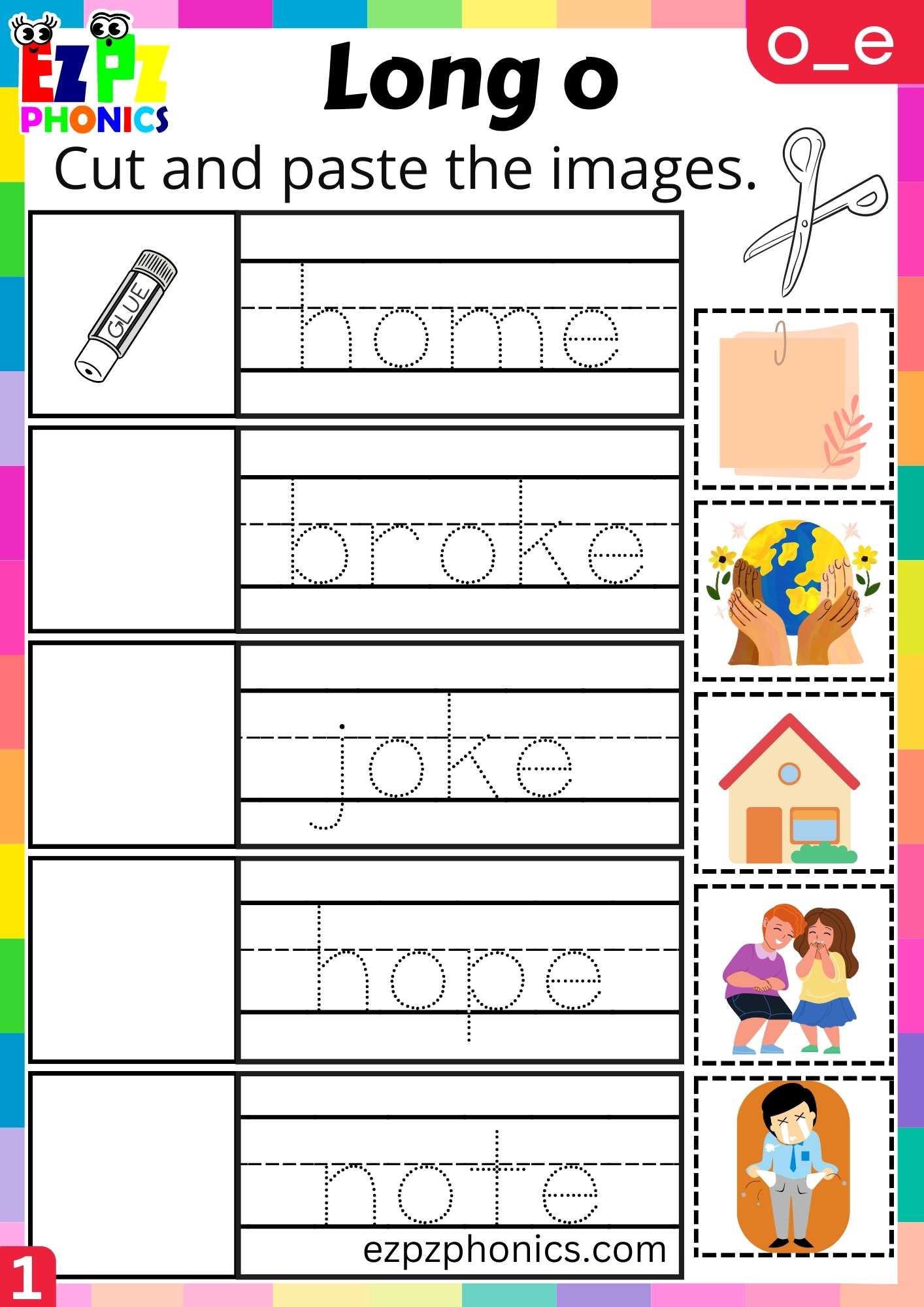 Group1 O_E Words Cut And Paste The Images Long O Phonics Worksheet